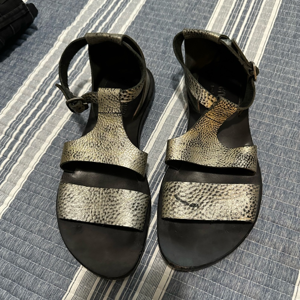 Women’s Metallic Snake-Print Ankle-Strap Sandals — Silver